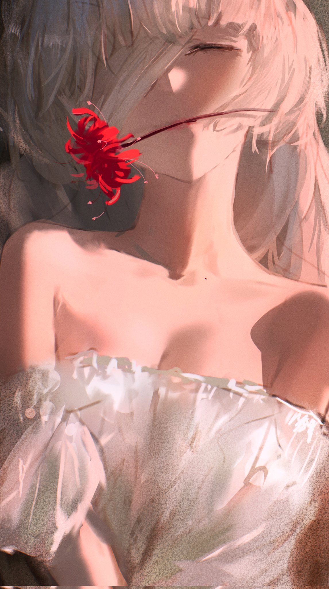 1girl, bandage_over_one_eye, bare_shoulders, breasts, closed_eyes, deeno, dress, flower, flower_in_mouth, grey_hair, highres, holding, holding_flower, long_hair, phrolova_(wuthering_waves), red_flower, small_breasts, solo, spider_lily, upper_body, white_dress, wuthering_waves