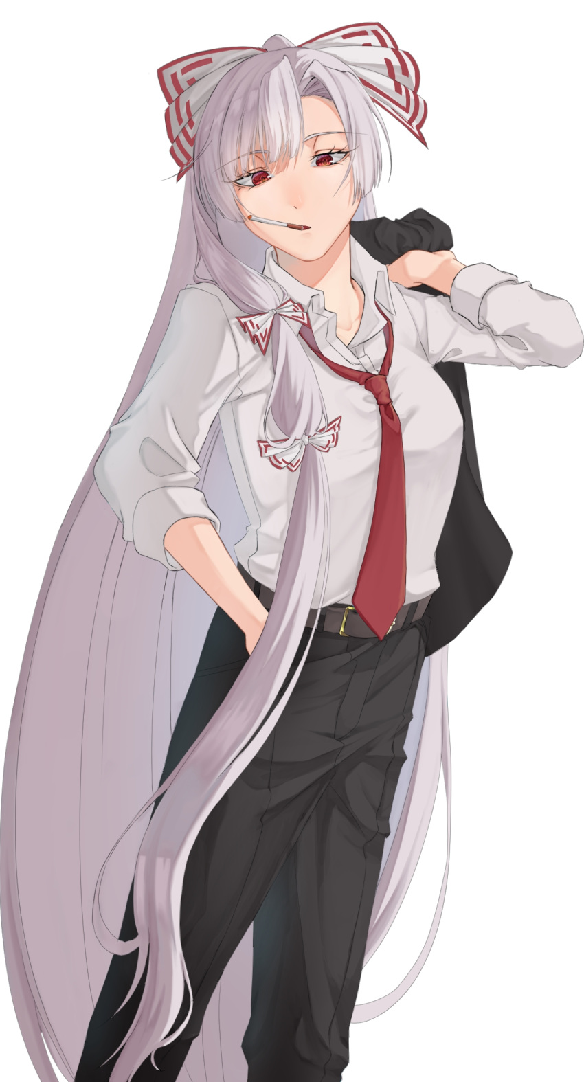 1girl, absurdly_long_hair, absurdres, alternate_costume, belt, black_pants, bow, breasts