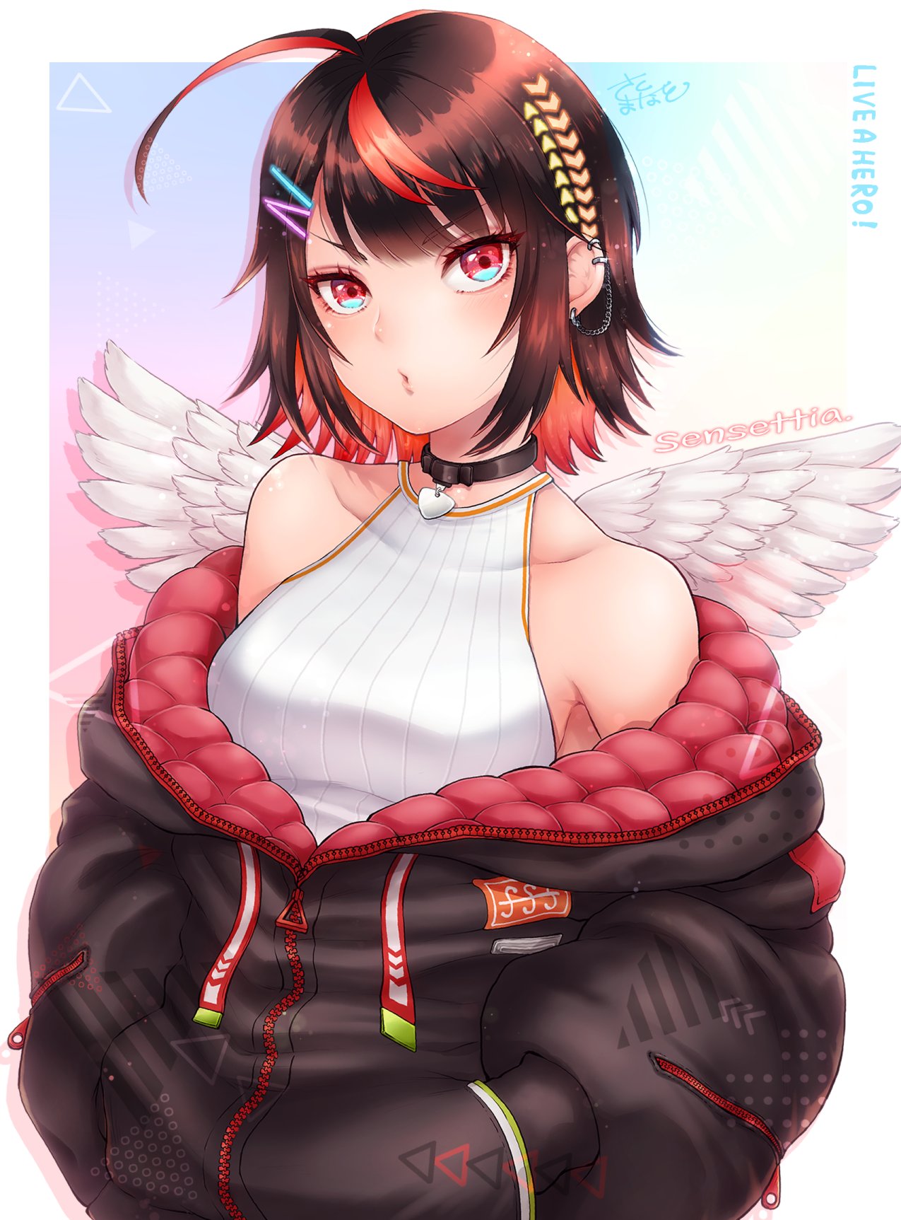 1girl, ahoge, black_coat, brown_hair, choker, coat, collarbone, copyright_name, drawstring, earrings, hands_in_pockets, highres, jewelry, live_a_hero, long_sleeves, looking_at_viewer, multicolored_hair, parted_lips, quilted_jacket, red_streaks, sakumanato_(skmnt01), sensettia_(live_a_hero), short_hair, solo, streaked_hair, white-border, wings