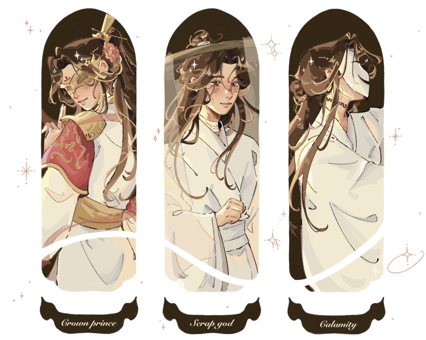3boys, arm_at_side, bandaged_neck, bandages, blush, border, brown_background, brown_eyes