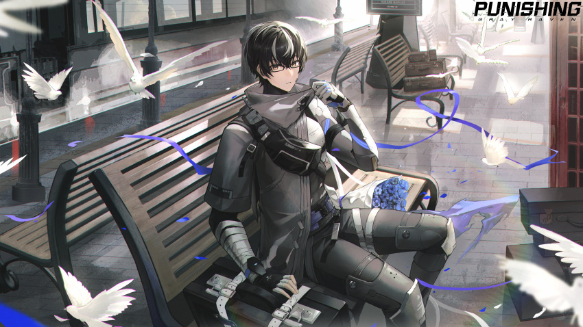 1boy, absurdres, bag, bandages, belt, bench, bird, black_hair, blue_flower, bouquet, cape, copyright_name, english_commentary, flower, glasses, grey_cape, grey_scarf, highres, looking_at_viewer, mechanical_arms, mechanical_legs, multicolored_hair, noan:_arca_(pgr), noan_(pgr), official_art, on_bench, parted_lips, punishing:_gray_raven, purple_ribbon, rectangular_eyewear, ribbon, scarf, short_hair, shoulder_bag, side_cape, single_mechanical_arm, sitting, solo, streaked_hair, suitcase, train, white_hair, yellow_eyes