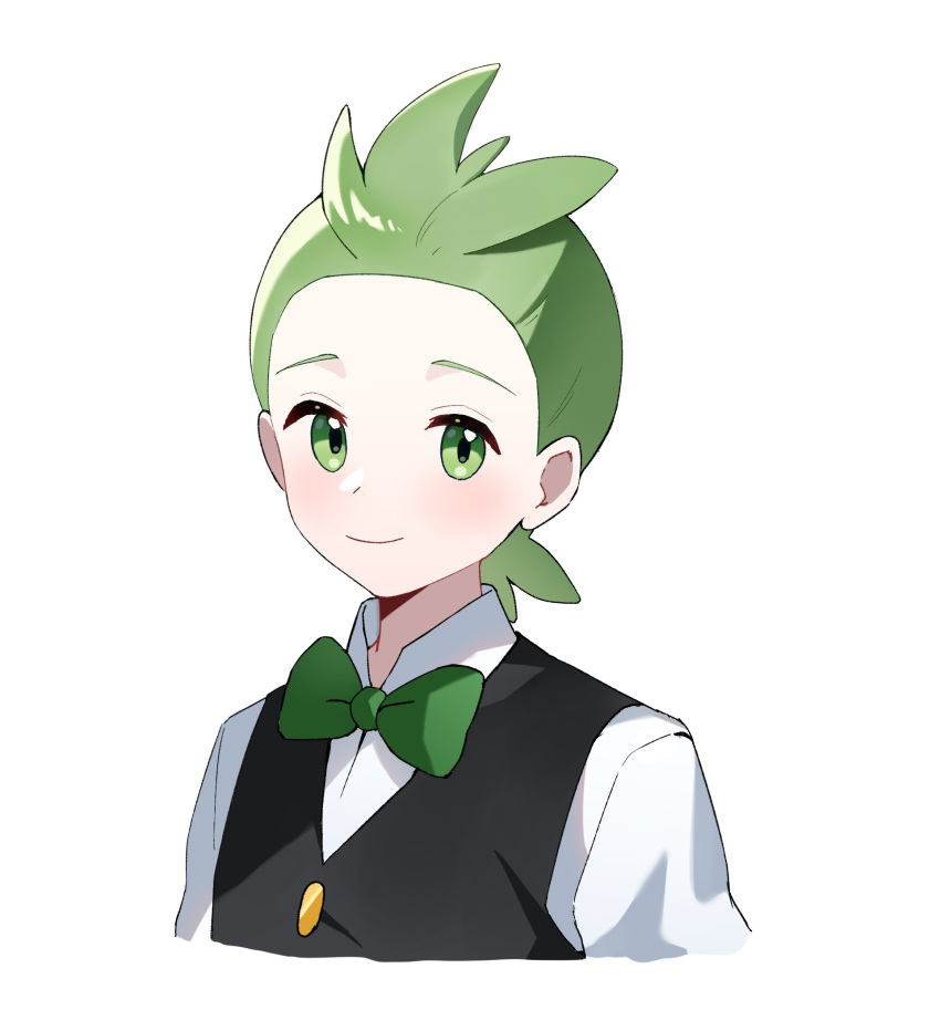 1boy, bow, bowtie, buttons, cilan_(pokemon), closed_mouth, commentary_request, green_bow