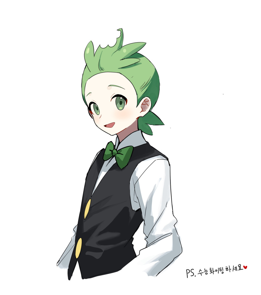 1boy, :d, absurdres, bitten, black_vest, bow, bowtie, cilan_(pokemon)