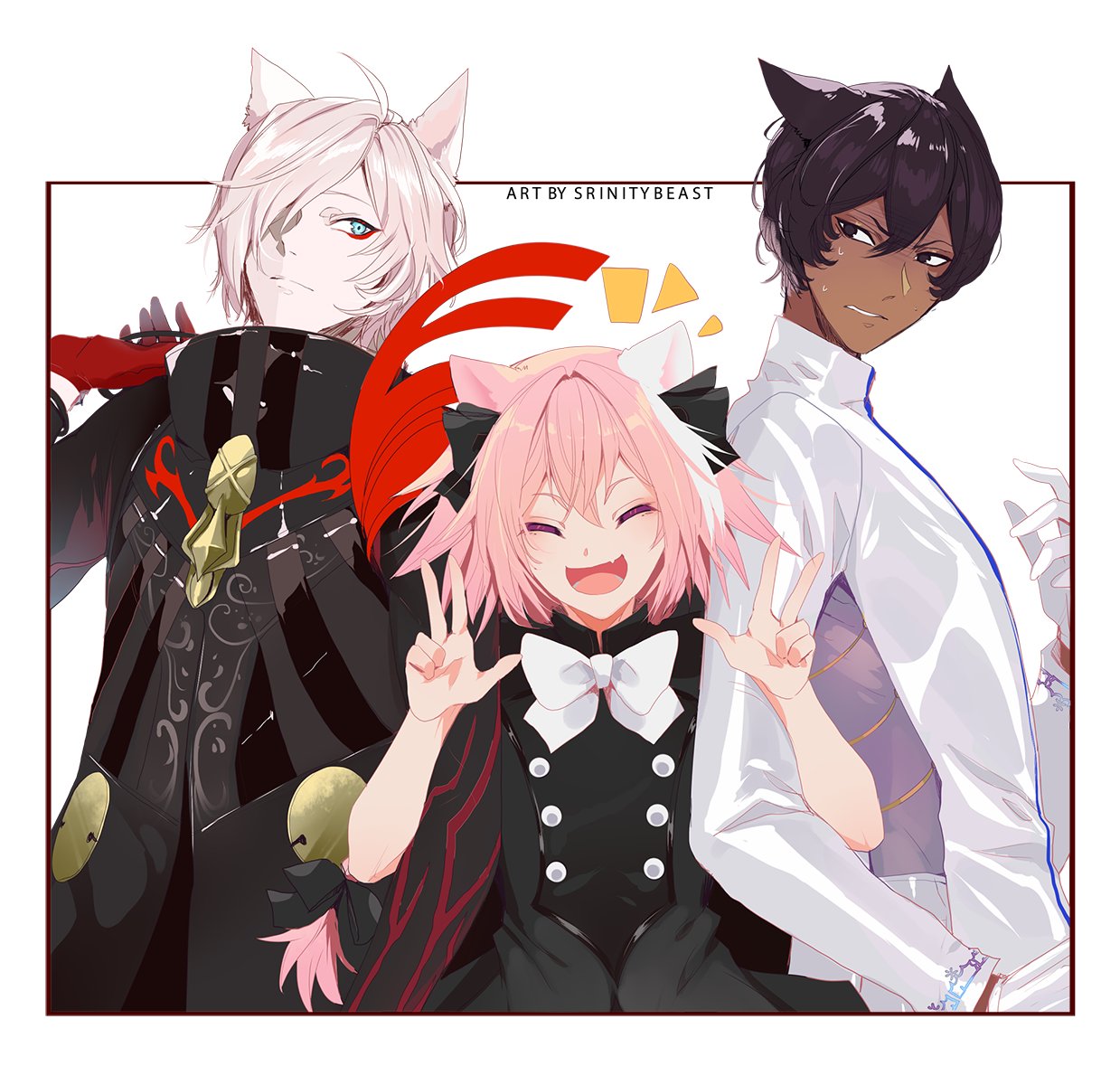 3boys, androgynous, animal_ears, arjuna_(fate), arjuna_(second_ascension)_fate, artist_name, astolfo_(apocrypha_epilogue)_(fate), astolfo_(fate)