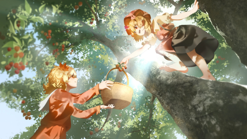 2girls, :d, absurdres, aki_minoriko, aki_shizuha, apron, barefoot, basket
