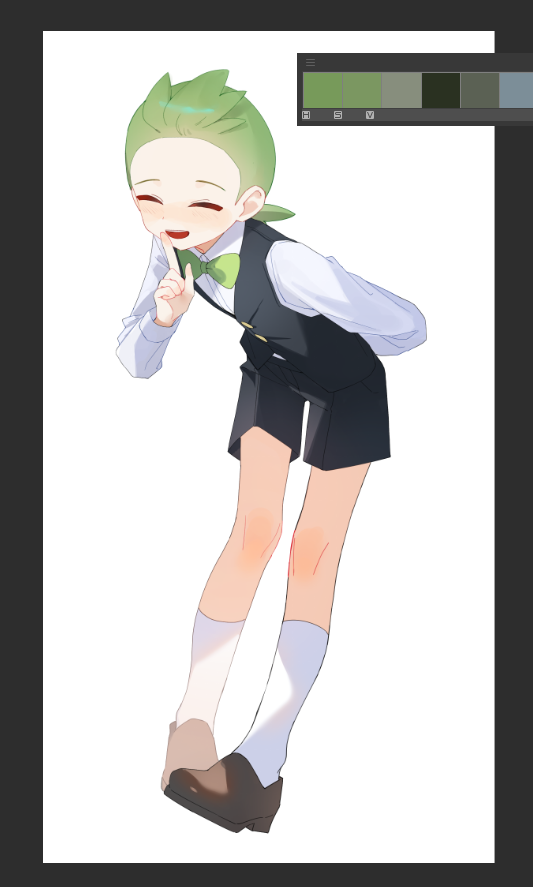 1boy, :d, arm_behind_back, art_program_in_frame, black_shorts, black_vest, bow, bowtie