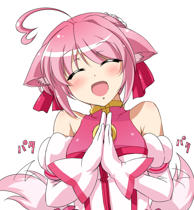 ^_^, ahoge, animal_ears, bare_shoulders, blush, bust, closed_eyes, dog_days
