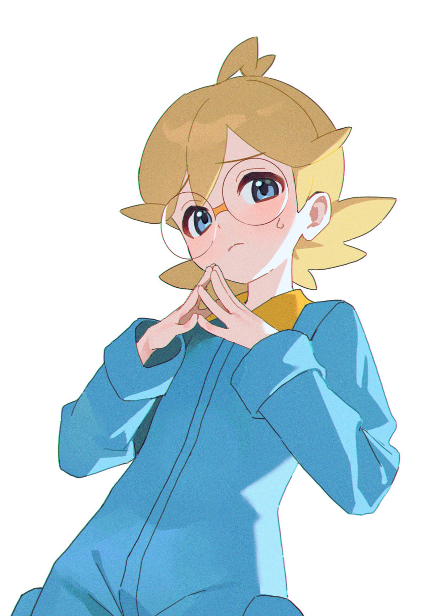 1boy, ahoge, blonde_hair, blue_jumpsuit, clemont_(pokemon), closed_mouth, glasses, hands_up