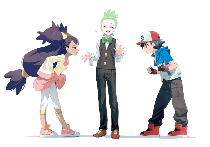 1girl, 2boys, absurdres, ash_ketchum, black_hair, blue_jacket, bow, bowtie