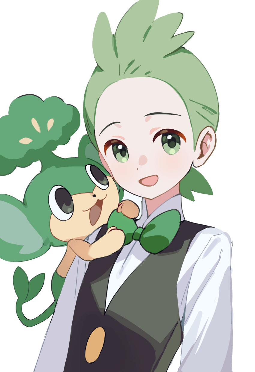 1boy, :d, absurdres, bow, bowtie, cilan_(pokemon), green_bow, green_bowtie, green_eyes, green_hair, happy, highres, looking_at_viewer, male_focus, open_mouth, pansage, pokemon, pokemon_(creature), pokemon_bw, pokemon_on_arm, pokesudal, shirt, short_hair, simple_background, smile, vest, white_background, white_shirt