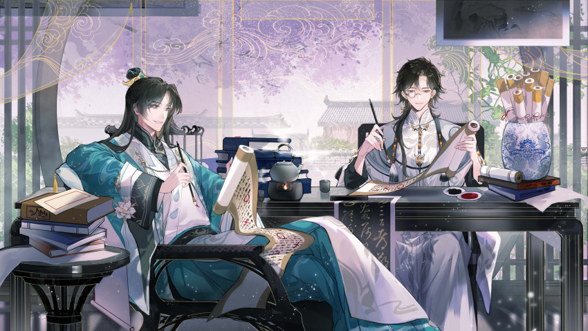 2boys, absurdres, aqua_coat, aqua_eyes, aqua_pants, architecture, armchair, black_hair