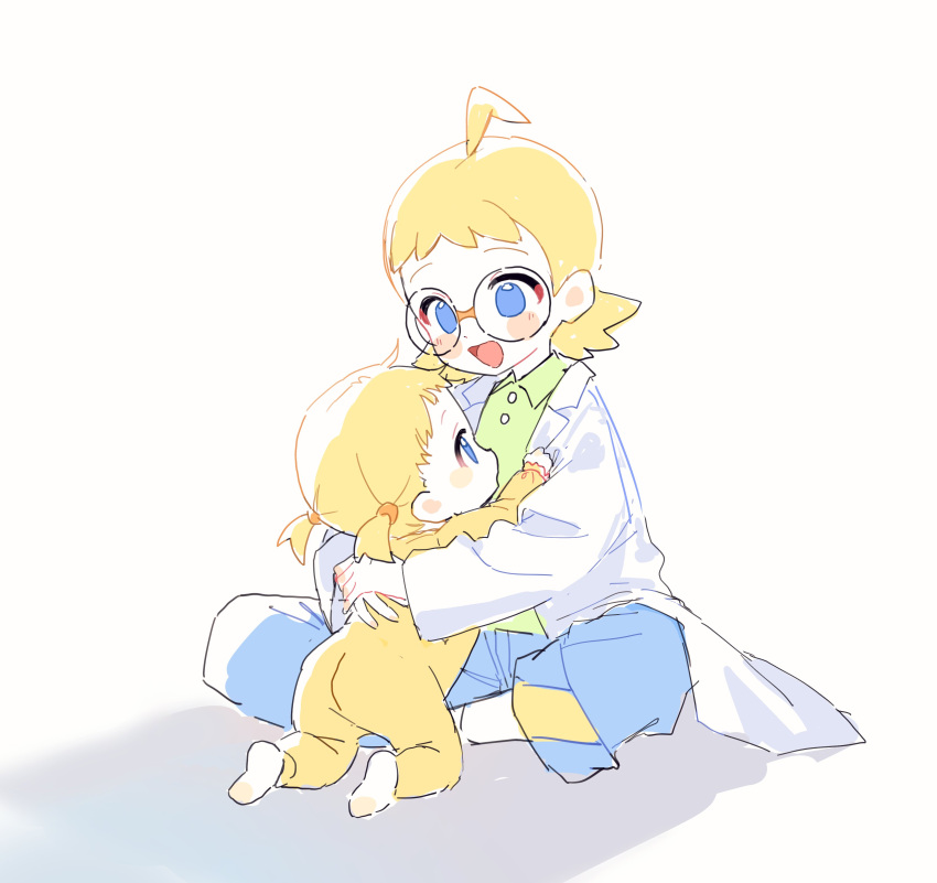 1boy, 1girl, :d, absurdres, affectionate, aged_down, ahoge, blonde_hair