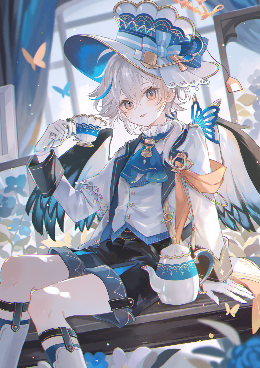 1boy, absurdres, ascot_teacup, bad_link, black_wings, blue_ribbon, blue_theme, boots, bug, butterfly, butterfly_wings, cup, fantasy_outfit, frilled_cuffs, gold_trim, hat, highres, indoors, insect_wings, magical_setting, namiki_itsuki, original, ornate, ribbon, short_hair, shorts, sitting, smile, solo, tea, teacup, teapot, thigh_strap, vest, white_hair, wide-brim_hat, window, wings, yellow_eyes