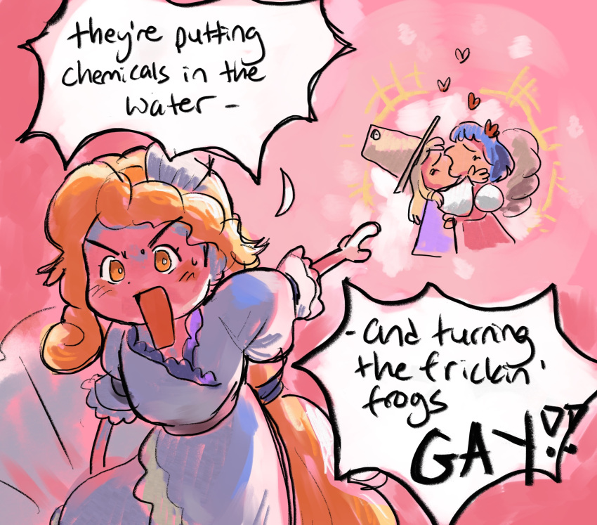 3girls, alex_jones, blonde_hair, dress, english_text, frilled_dress, frilled_sleeves, frills