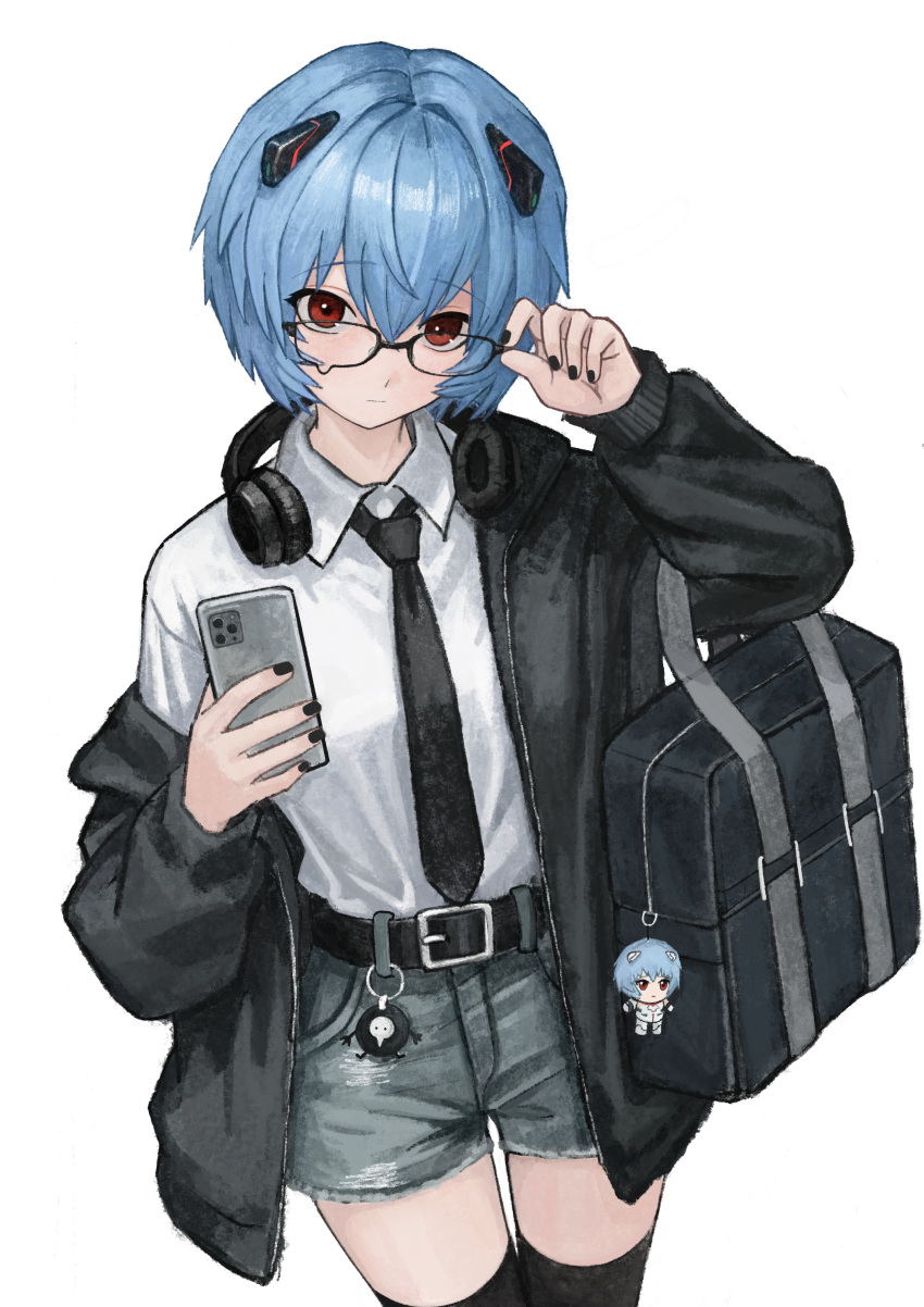 1girl, absurdres, adjusting_eyewear, akiii_kawa, ayanami_rei, bag, bag_charm, belt