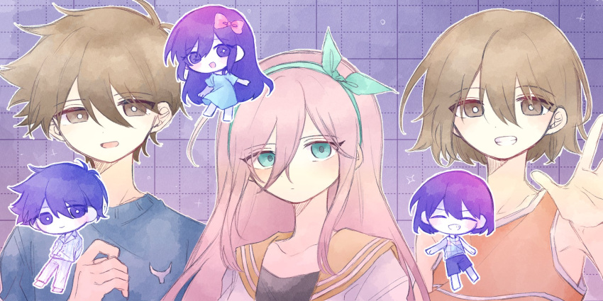 +_+, 2girls, 4boys, antenna_hair, aubrey_(faraway)_(omori), aubrey_(headspace)_(omori), aubrey_(omori), blue_eyes