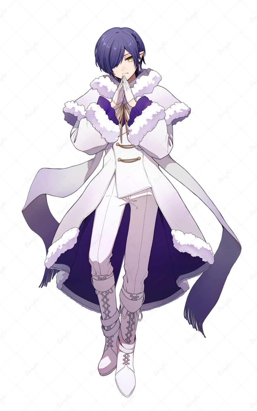 1boy, :|, absurdres, boots, braid, buttons, capelet, chess_piece_earrings