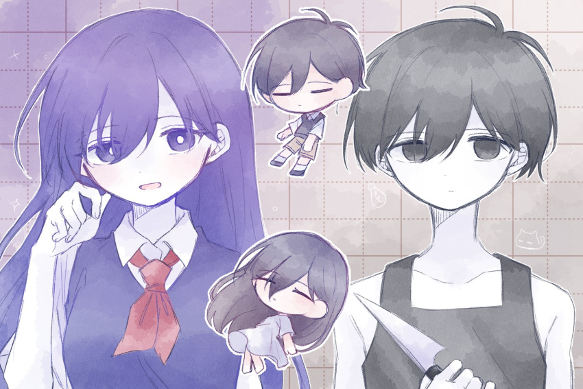 2boys, 2girls, antenna_hair, barefoot, black_eyes, black_hair, black_shoes, black_sweater_vest