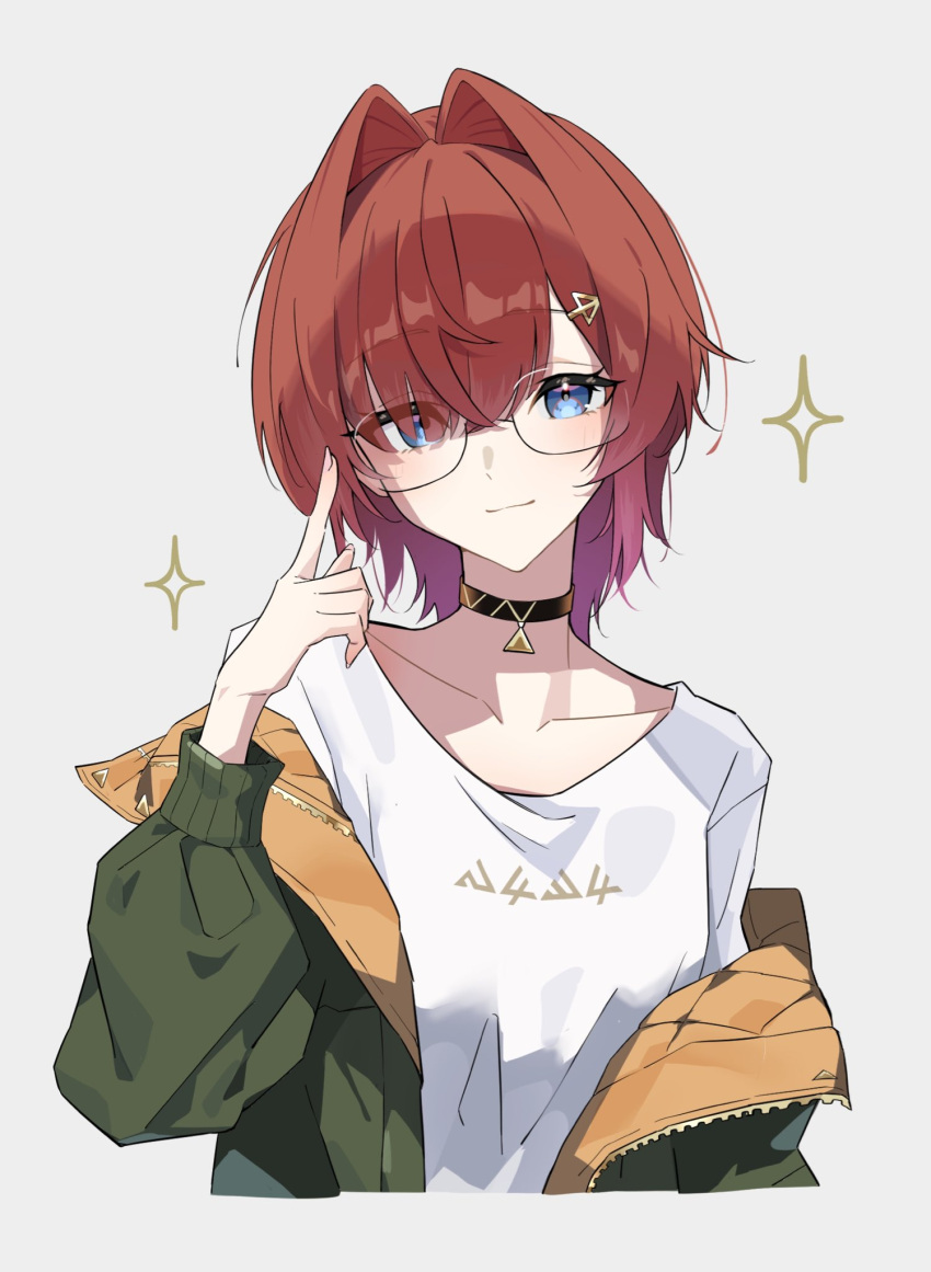 1girl, adjusting_eyewear, ange_katrina, ange_katrina_(5th_costume), blue_eyes, closed_mouth, collarbone, cropped_torso