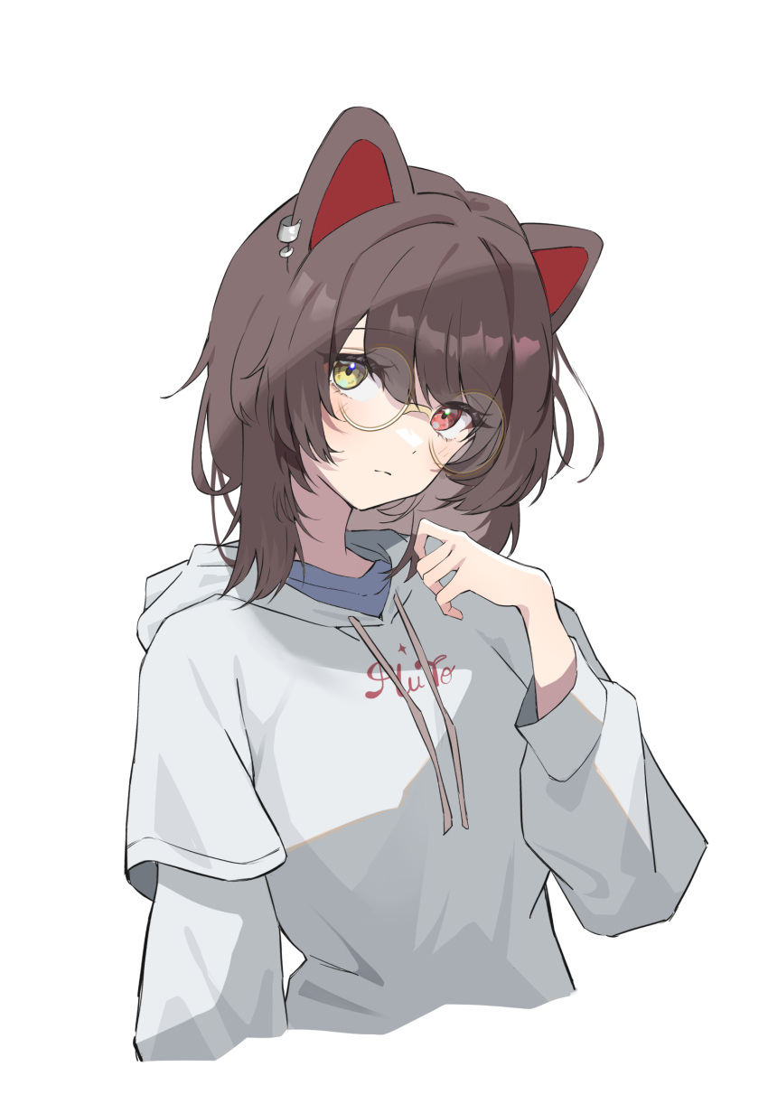 1girl, animal_ears, brown_hair, closed_mouth, clothes_writing, commentary_request, cropped_torso, dog_ears