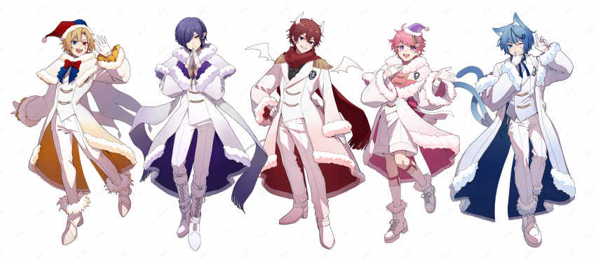 5boys, :d, :|, ;3, absurdres, ahoge, animal_ears, ankle_boots