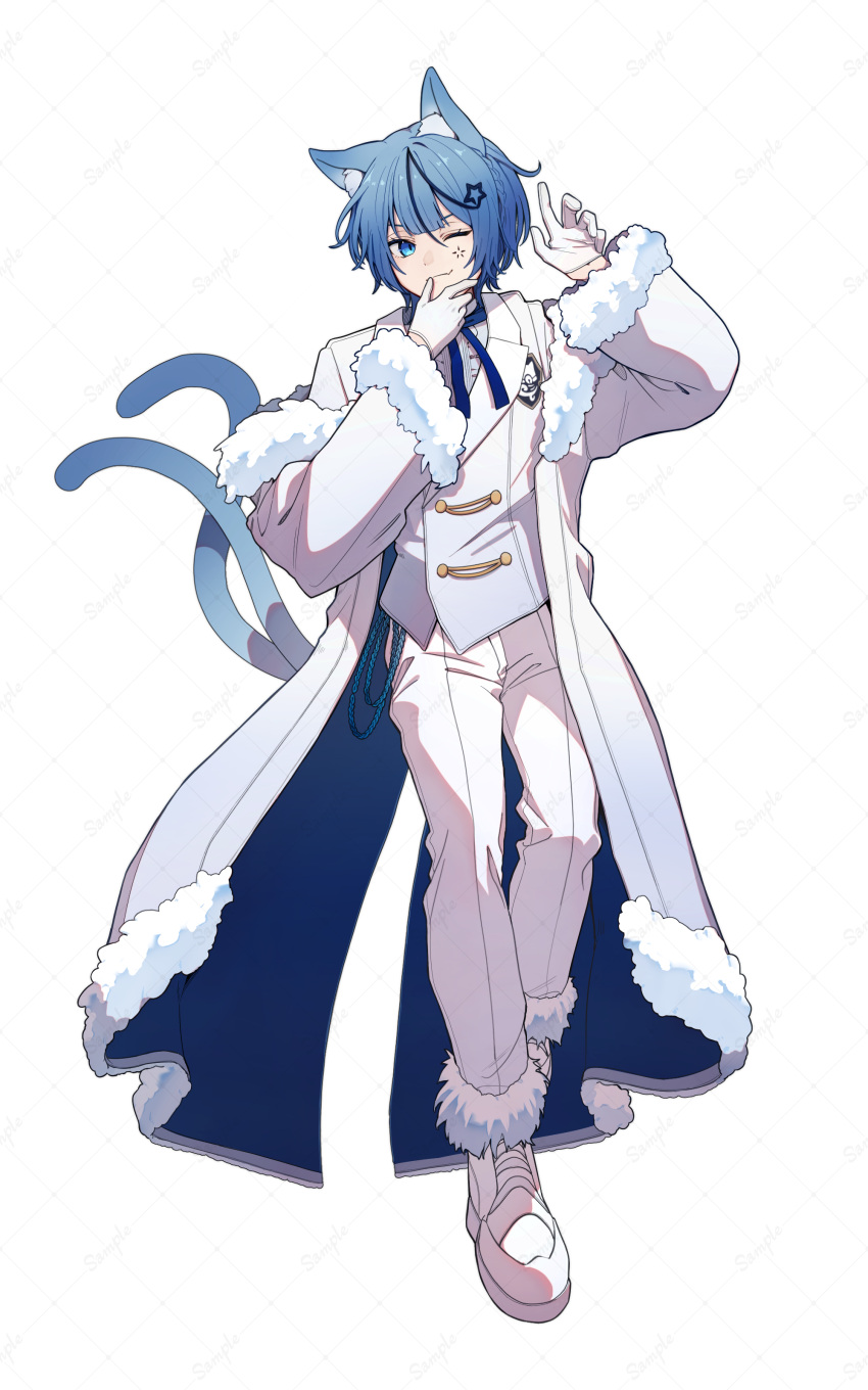 1boy, ;3, absurdres, animal_ears, blue_coat, blue_eyes, blue_hair, blue_ribbon, boots, buttons, cat_boy, cat_ears, cat_tail, center-flap_bangs, center_frills, coat, doll's_requiem, double-breasted, facial_mark, frills, full_body, fur-trimmed_boots, fur-trimmed_coat, fur-trimmed_sleeves, fur_trim, gloves, gradient_coat, hair_ornament, half_gloves, hand_on_own_chin, hands_up, highres, kitsunebi_v3kokonn, long_sleeves, looking_at_viewer, male_focus, multiple_tails, nekomata, off_shoulder, official_art, one_eye_closed, open_clothes, open_coat, pants, ribbon, shirt, short_hair, simple_background, solo, standing, star_(symbol), star_hair_ornament, tail, two-sided_coat, two-sided_fabric, two_tails, uni_(doll's_requiem), vest, wallet_chain, white_background, white_boots, white_coat, white_gloves, white_pants, white_shirt, white_vest