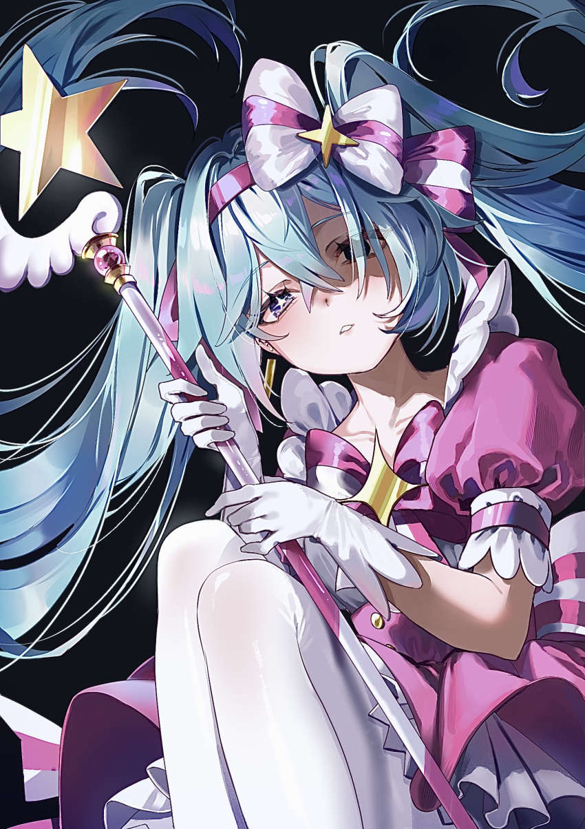 1girl, akua9696, blue_hair, bow, dress, gloves, hair_bow, hair_ribbon