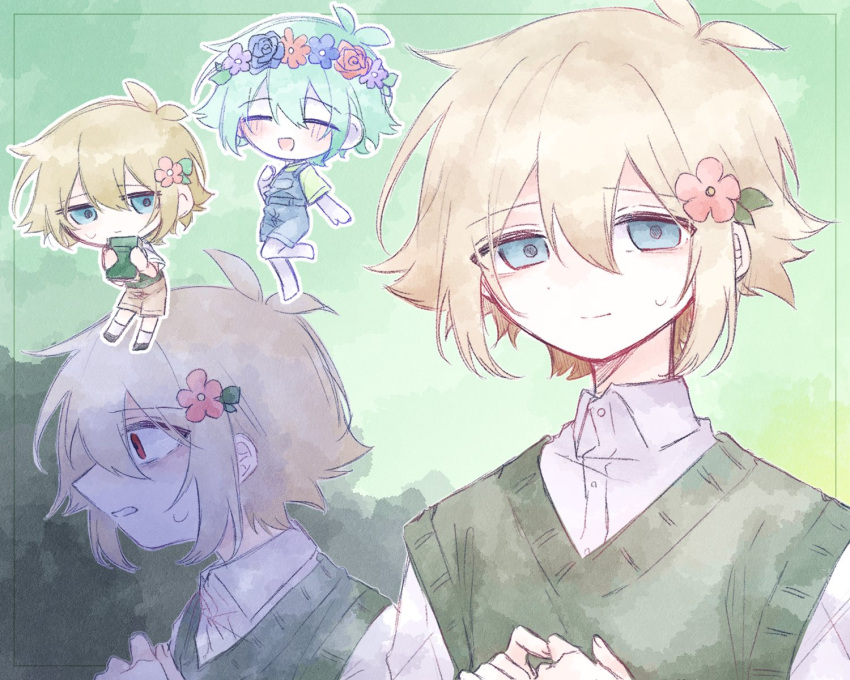 2boys, antenna_hair, barefoot, basil_(faraway)_(omori), basil_(headspace)_(omori), basil_(omori), blonde_hair, blue_overalls