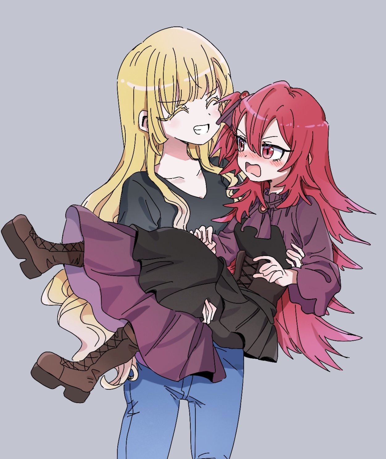 2girls, ^_^, aged_up, ascot, black_shirt, blonde_hair, blush, boots