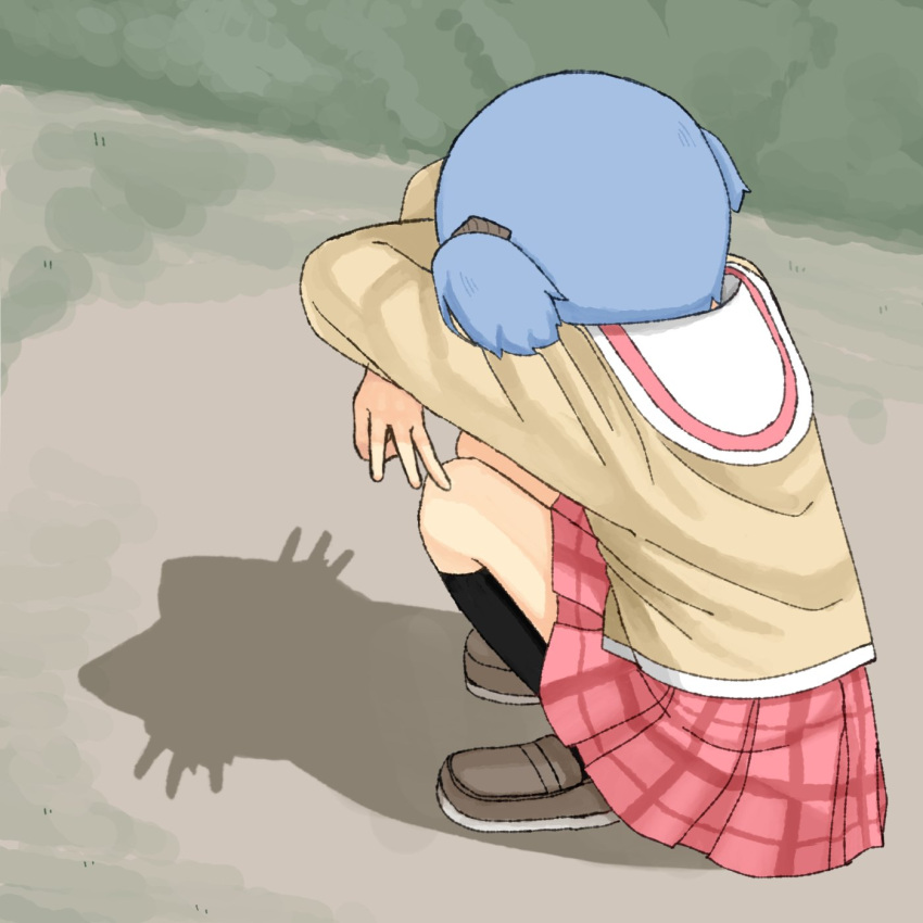 1girl, back, black_socks, blazer, blue_hair, brown_shoes, cat_shadow_puppet_(meme), cube_hair_ornament, double_middle_w, gingham_skirt, hair_ornament, highres, jacket, meme, naganohara_mio, naganoharamiomio, nichijou, red_skirt, sailor_collar, school_uniform, shadow, shadow_puppet, shoes, skirt, socks, squatting, tokiwadai_school_uniform, white_sailor_collar
