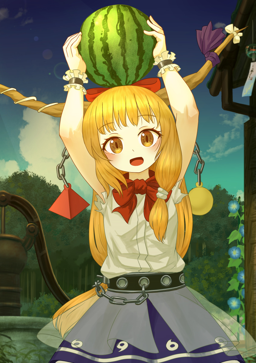 1girl, :d, absurdres, arms_up, blonde_hair, bow, chain, cowboy_shot, ekaapetto, food, fruit, hair_bow, highres, holding, holding_above_head, holding_food, holding_fruit, holding_watermelon, horn_ornament, horn_ribbon, horns, ibuki_suika, long_hair, looking_at_viewer, oni, open_mouth, orange_eyes, outdoors, red_bow, ribbon, shirt, skirt, sky, sleeveless, smile, solo, touhou, tree, watermelon, wind_chime, wrist_cuffs