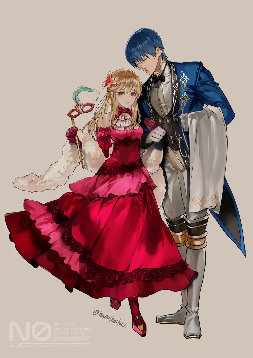 1boy, 1girl, bare_shoulders, blonde_hair, blue_hair, bow, bowtie, dress