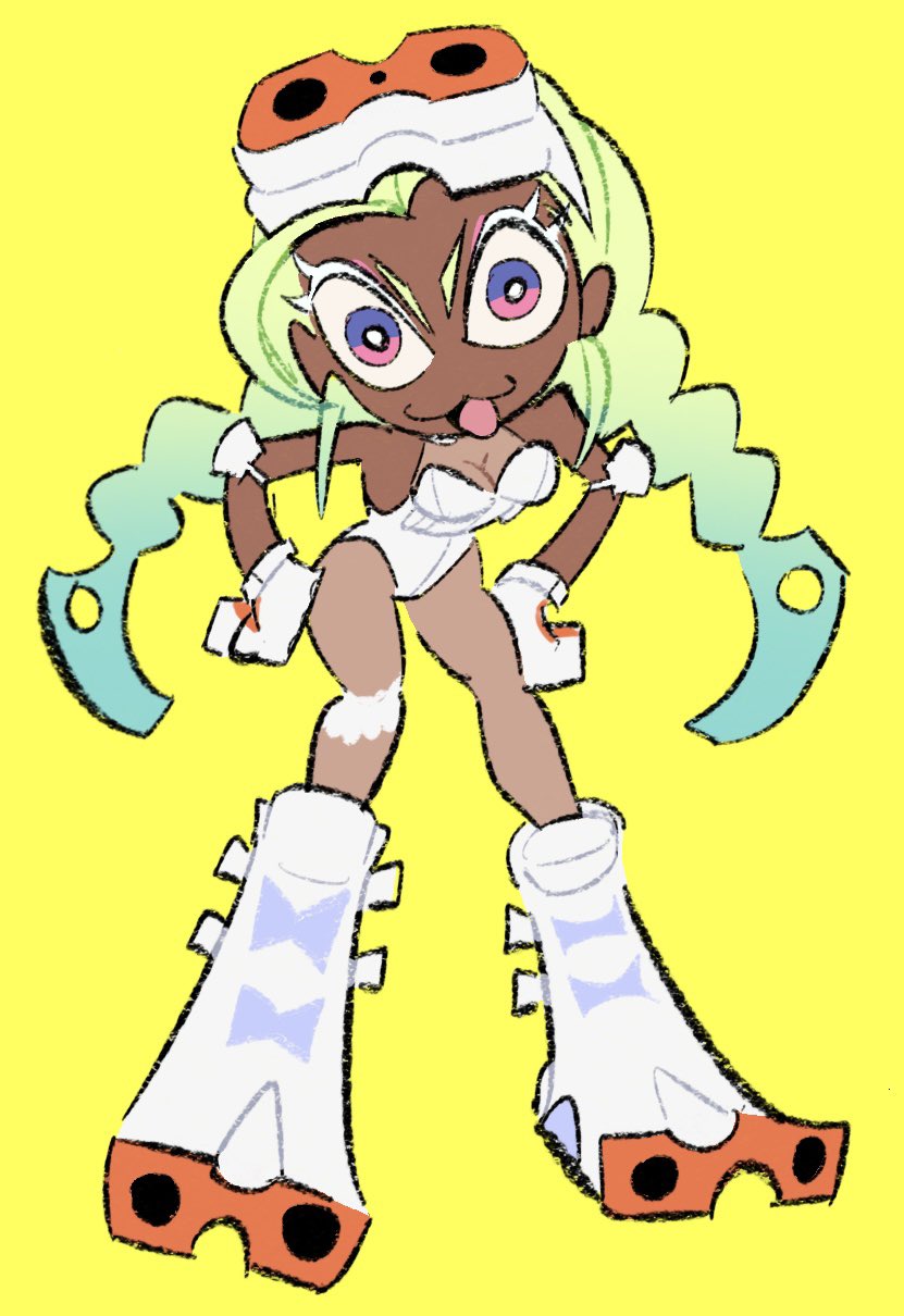 1girl, :3, boots, braid, brutus_(huhermm), choker, colored_eyelashes, dark-skinned_female, dark_skin, elbow_pads, eyewear_on_head, gloves, gradient_hair, green_hair, gunsmith_bitch_(psg), highres, leotard, multicolored_hair, panty_&amp;_stocking_with_garterbelt, twin_braids, white_choker, white_eyelashes, white_leotard