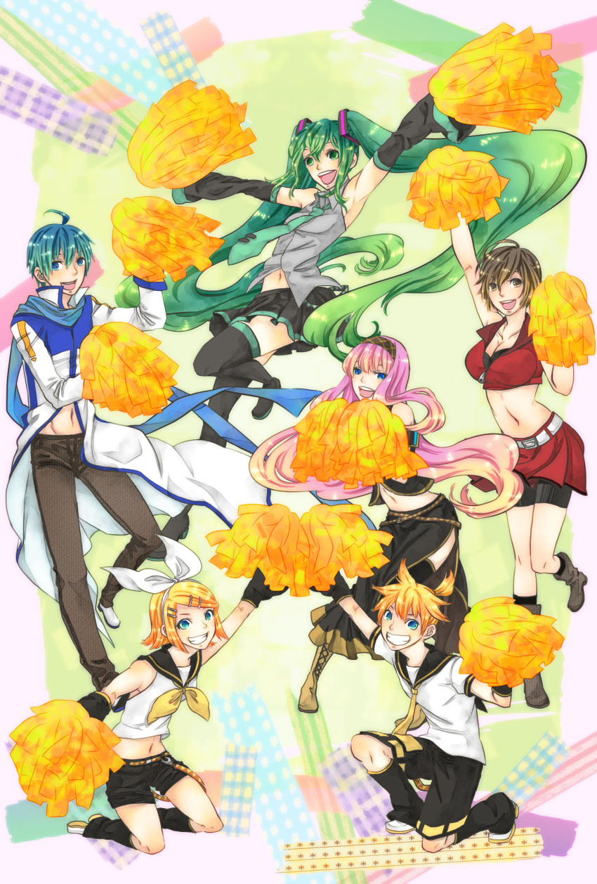 blue_eyes, blue_hair, breasts, brown_eyes, brown_hair, cleavage, detached_sleeves, green_eyes