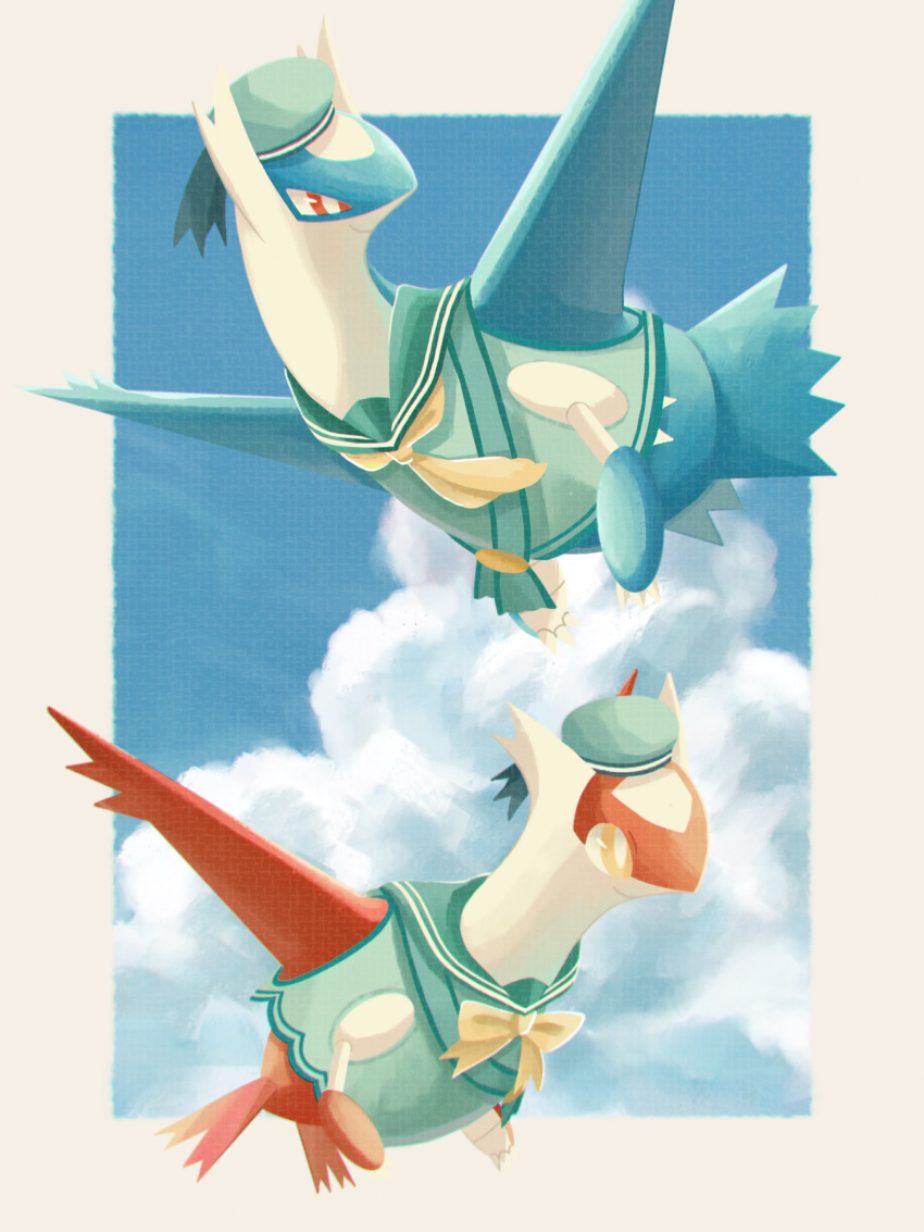 absurdres, blue_sky, bow, claws, closed_mouth, clothed_pokemon, clouds, dragon