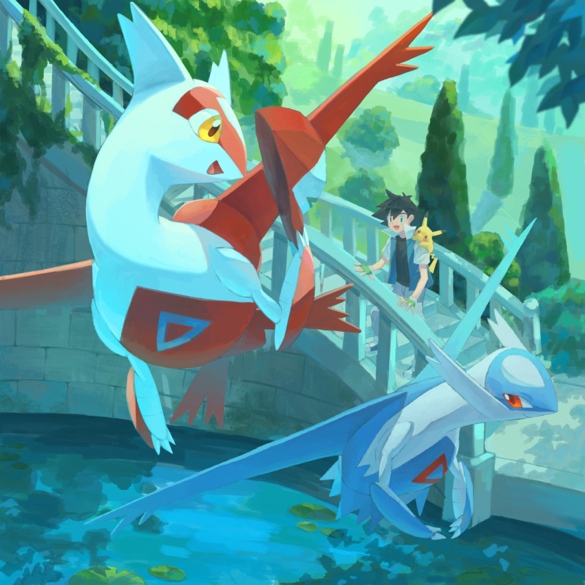 1boy, alto_mare, ash_ketchum, black_hair, blue_eyes, brown_eyes, claws, closed_mouth