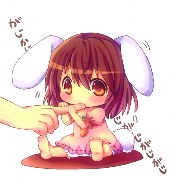 animal_ears, baby, barefoot, biting, bloomers, blush, brown_hair, bunny_ears