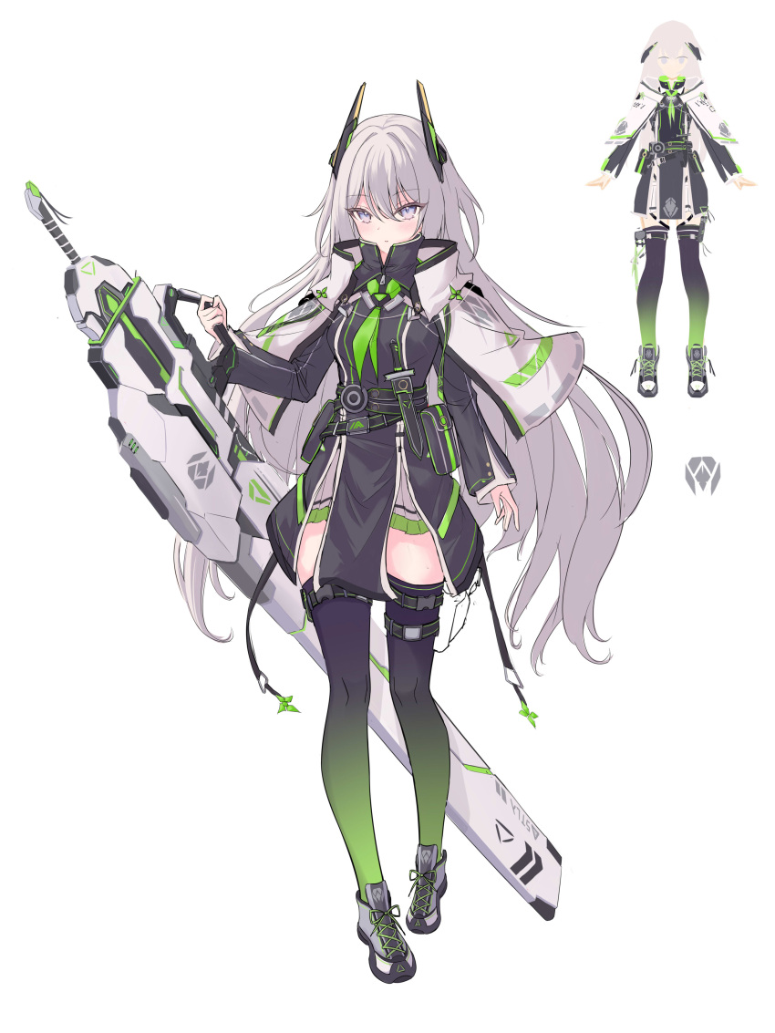 1girl, absurdres, breasts, capelet, full_body, green_thighhighs, grey_eyes, grey_hair