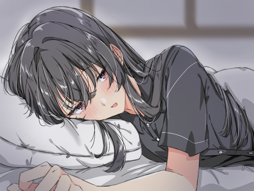 1girl, black_hair, blush, female_pov, highres, kitsunan, koto_satsuki, long_hair, looking_at_viewer, lying, pajamas, pillow, pov, solo, watashi_ga_koibito_ni_nareru_wake_naijan_murimuri!
