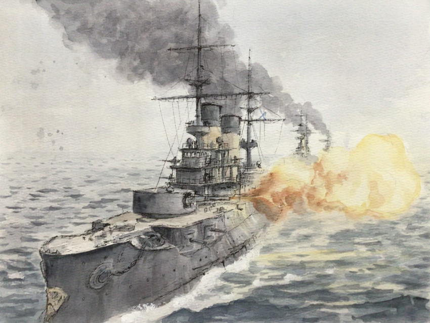 atelier_bono, battleship, cannon, clouds, cloudy_sky, commentary_request, firing, highres