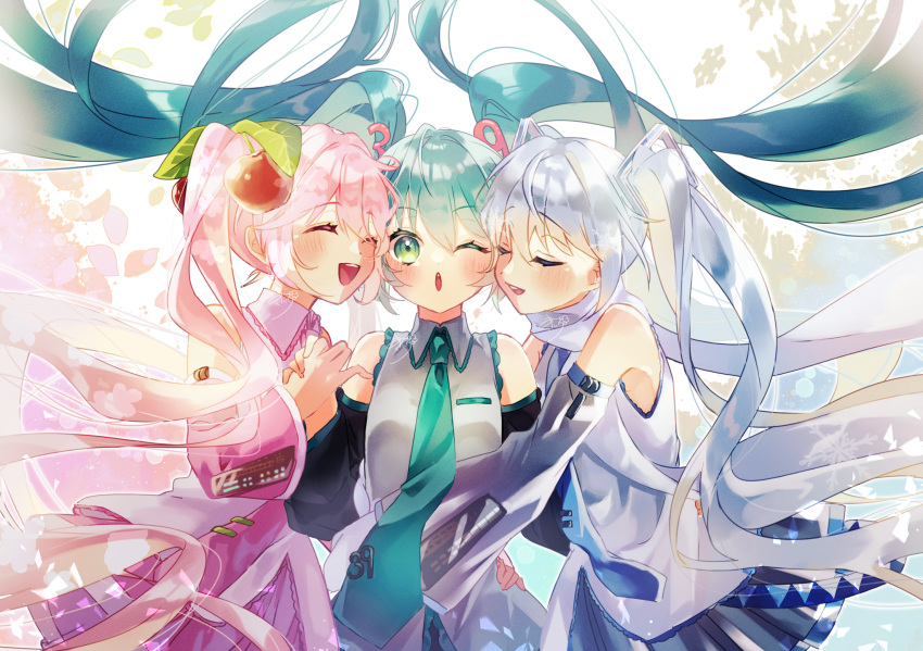 39, 3girls, aqua_eyes, aqua_hair, aqua_trim, black_skirt, black_sleeves, blue_necktie