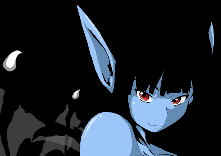 blue_skin, lilim_(monster_farm), looking_at_viewer, monster_farm, monster_girl, pointy_ears, red_eyes, shi_yusu