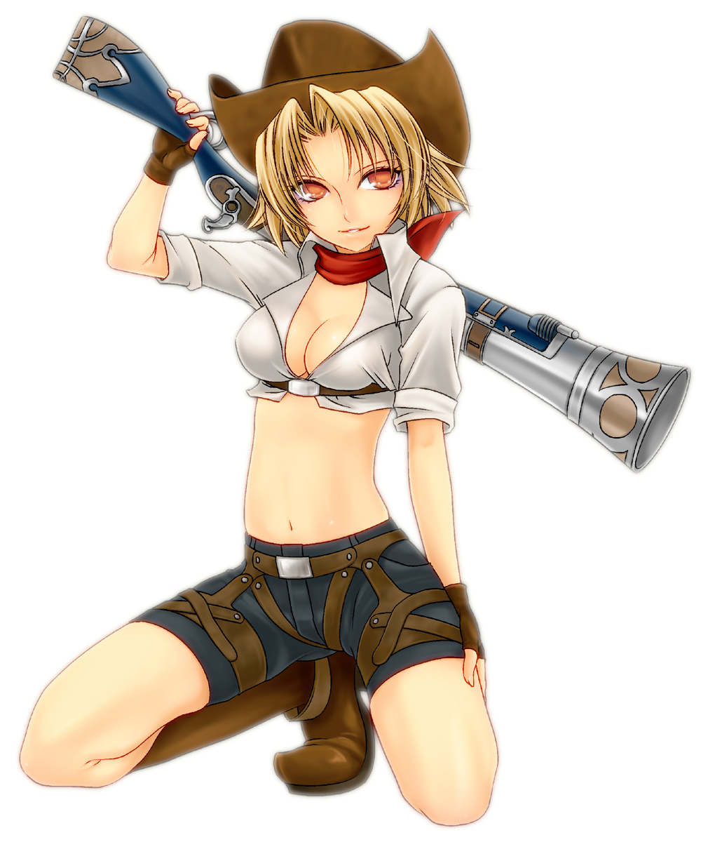 belt, blonde_hair, boots, breasts, cleavage, cowboy_hat, fingerless_gloves, gloves