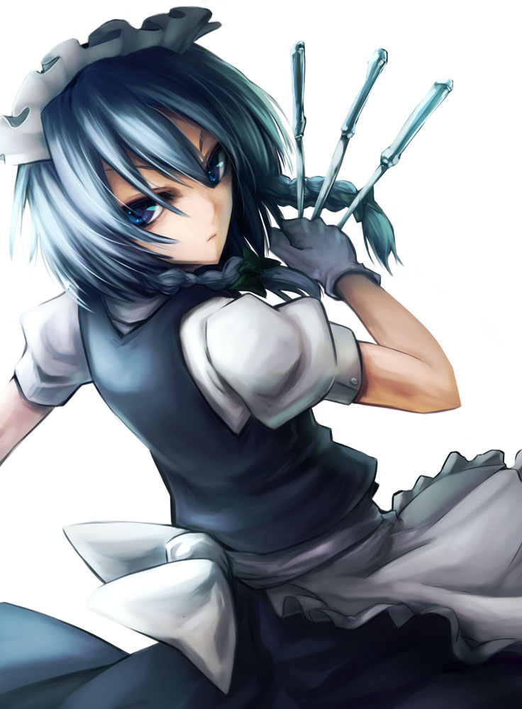apron, blue_eyes, braid, din_(flypaper), gloves, izayoi_sakuya, knife, maid