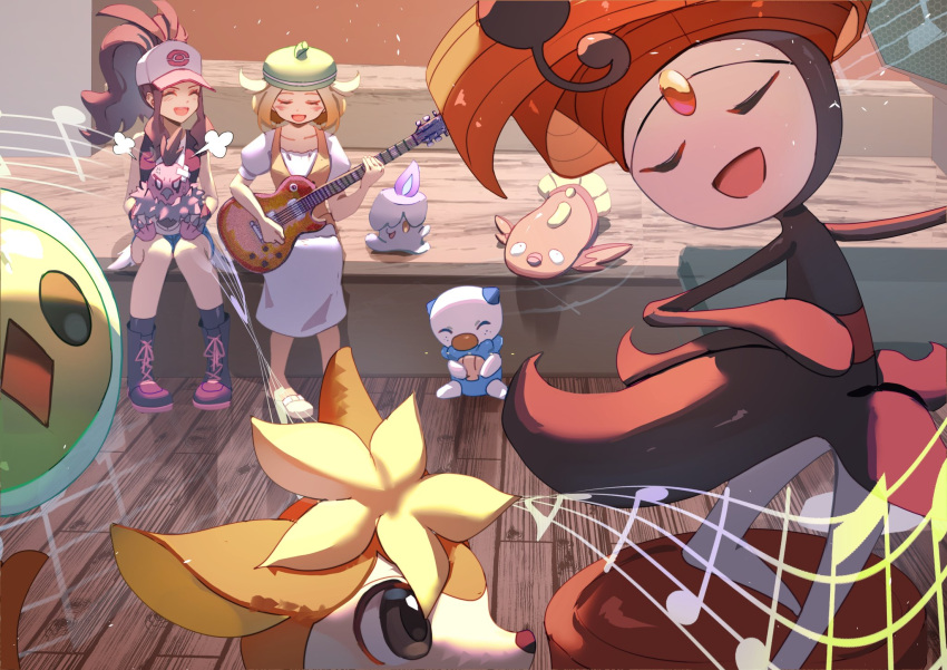 2girls, baseball_cap, bianca_(pokemon), bird, black_vest, blonde_hair, blush, breasts