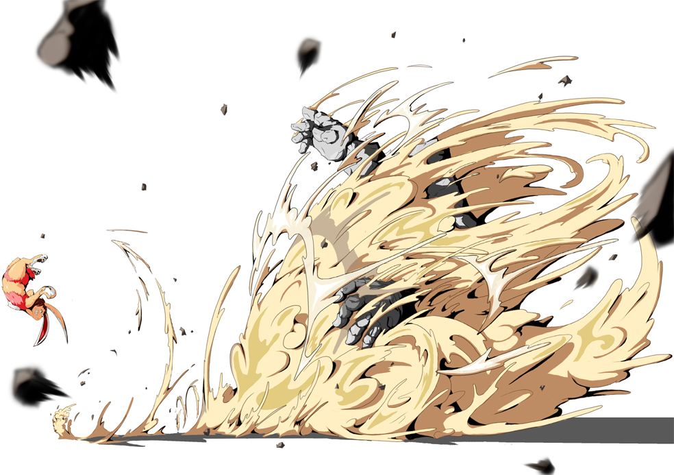 animal_ears, bunny_ears, character_request, creature, dust, fairy_hare_(monster_farm), fart, fight, fighting, furry, golem, golem_(monster_farm), jumping, monster_farm, multicolored_hair, no_humans, pawpads, paws, rock, rocks, sand, shi_yusu, shiyusu_(artist), size_difference, upside-down