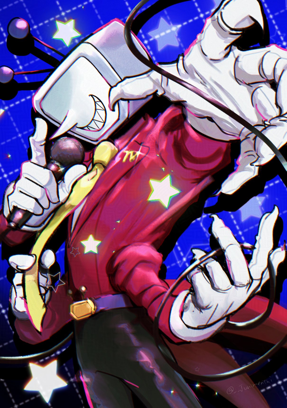 1boy, ant_tenna, ant_tenna_(beta_design), belt, belt_buckle, black_pants, blue_background, buckle