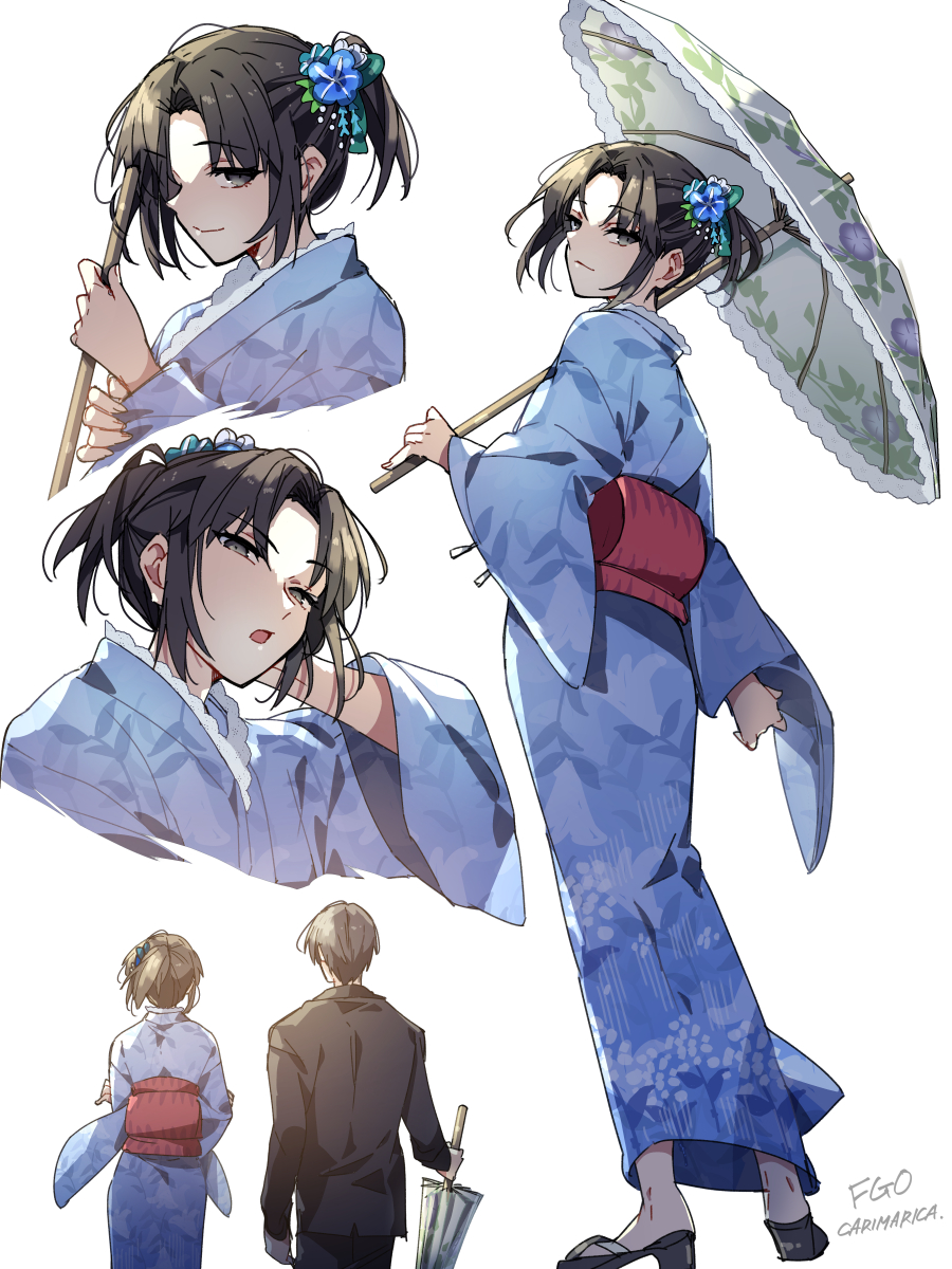 1boy, 1girl, blue_kimono, brown_hair, carimarica, grey_eyes, highres, japanese_clothes
