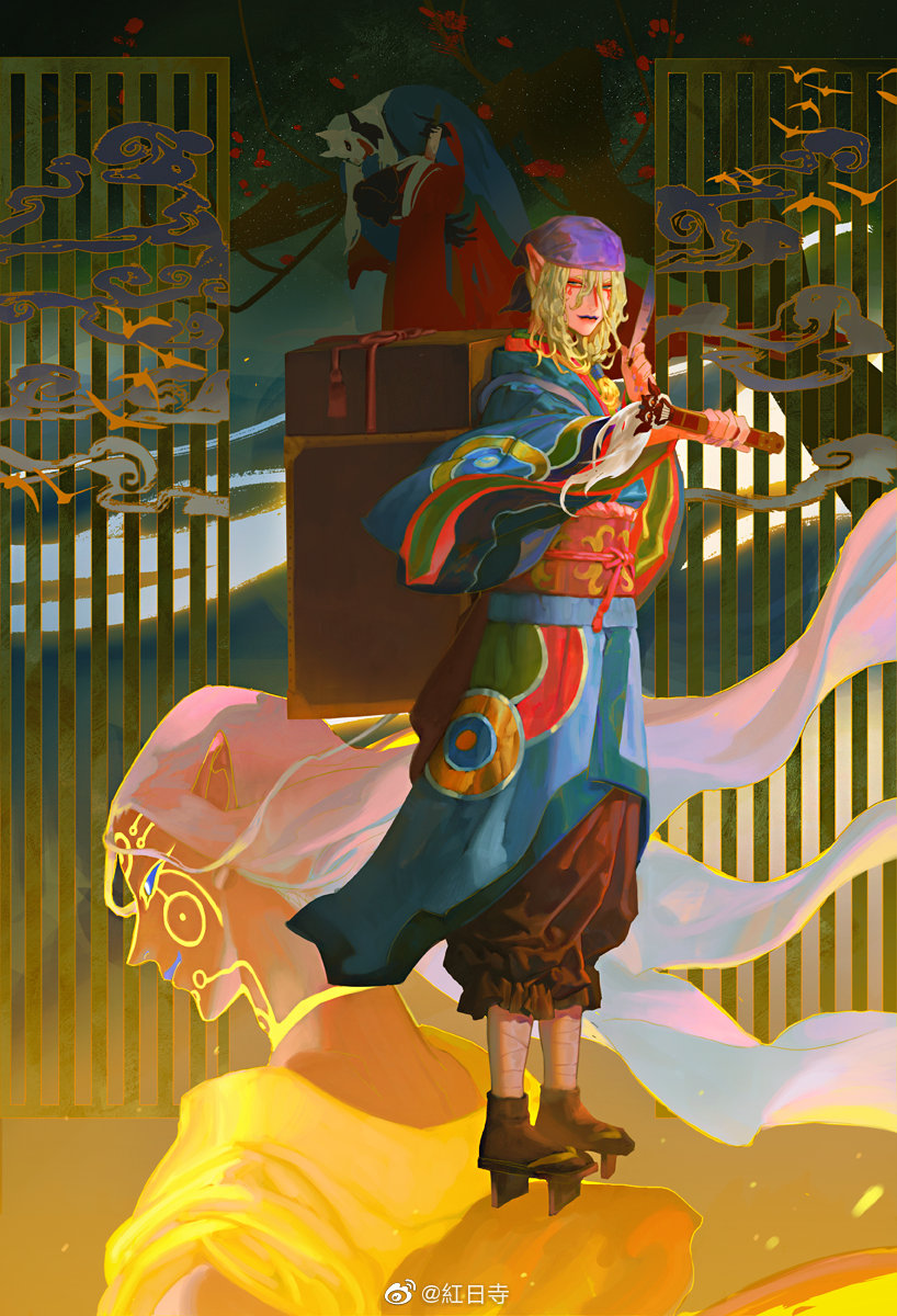 2boys, ayakashi:_japanese_classic_horror, bad_link, black_pants, black_socks, blonde_hair, curly_hair, elna