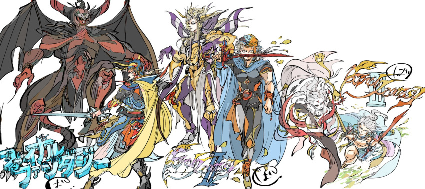 1girl, 5boys, amano_yoshitaka_(style), armor, black_sclera, blonde_hair, blue_cloak, bykillt